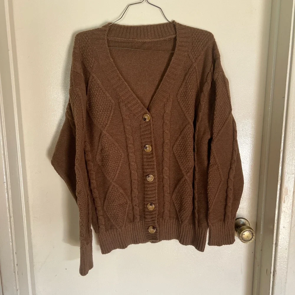 Cozy Brown Cable Knit V-Neck Button Cardigan Sweater